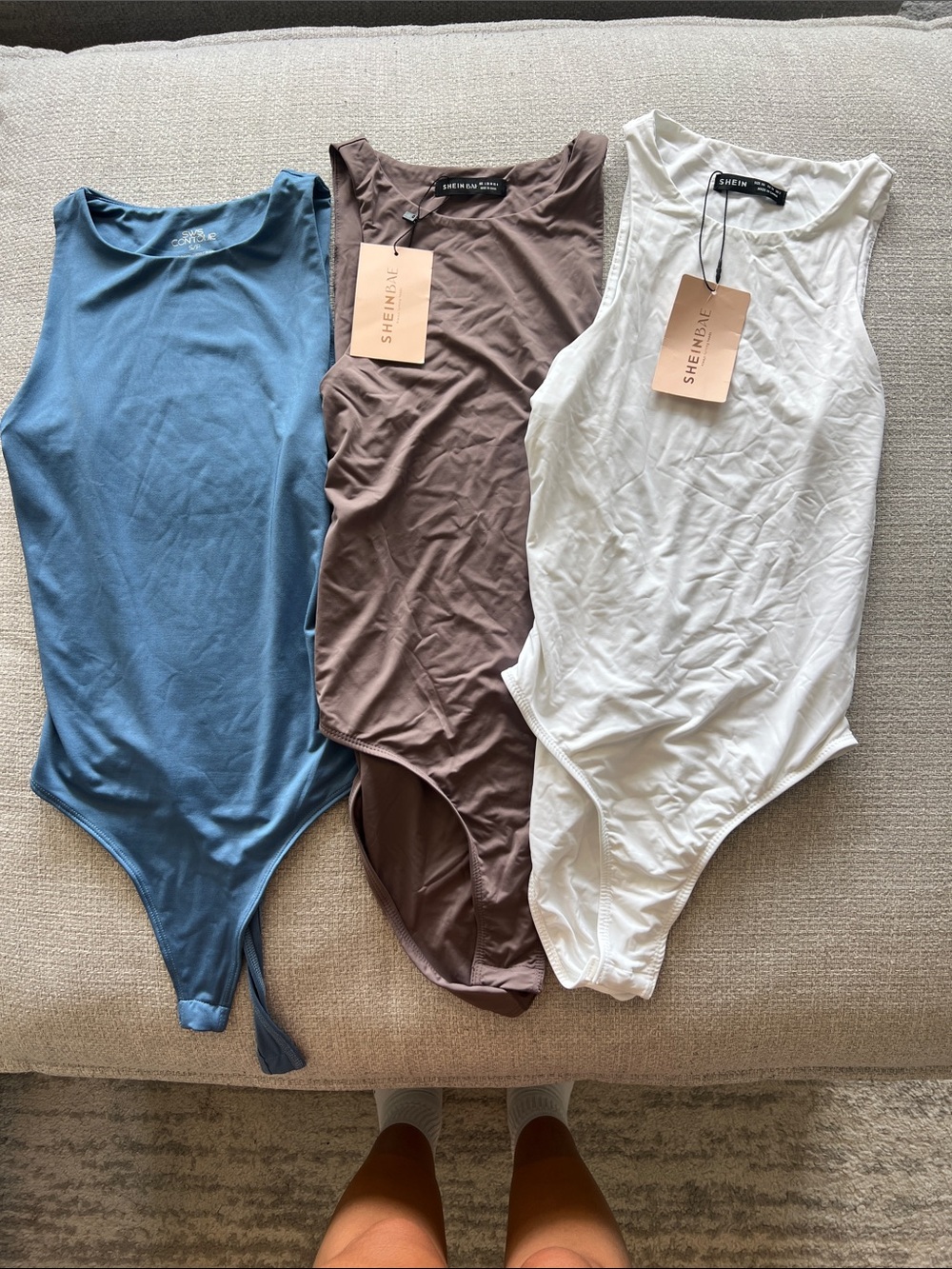 SHEIN Ribbed Tank Bodysuits in Blue, Brown & White - Pack of 3